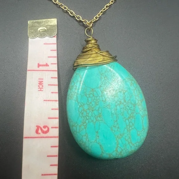 Gold Tone Wrapped Turquoise Pendant on Gold Tone Chain Boho - Picture 2 of 4